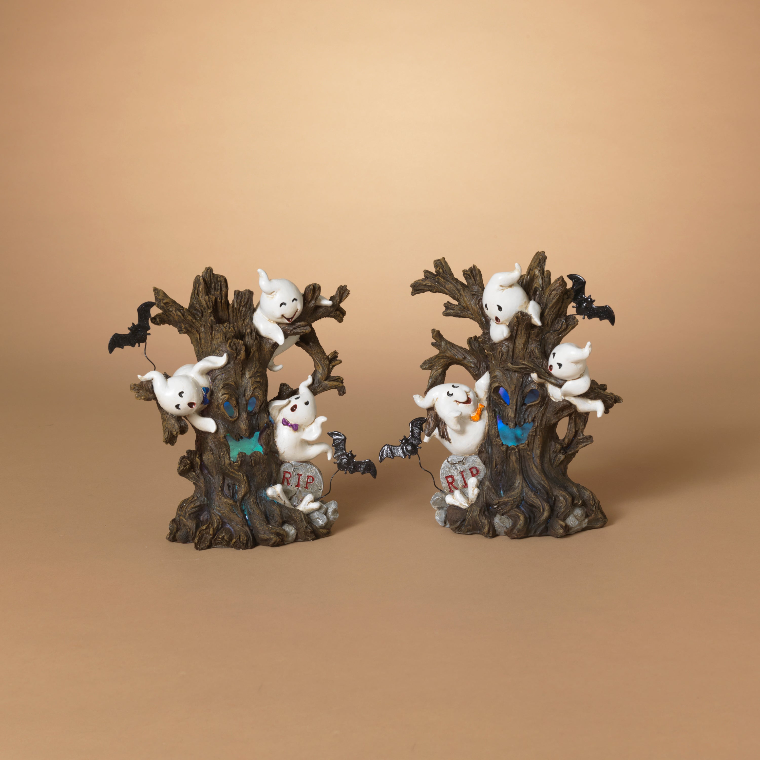 8 Inch High Battery Operated Lighted Resin Halloween Haunted Trees with Ghosts & Bats Set of 2 #2685660EC